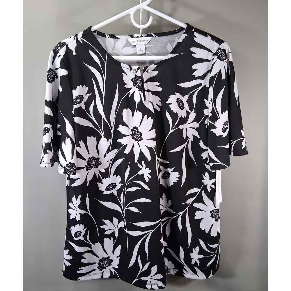Liz Claiborne NWT Floral Pearl Keyhole Top L Black White Career Blouse‎ Business